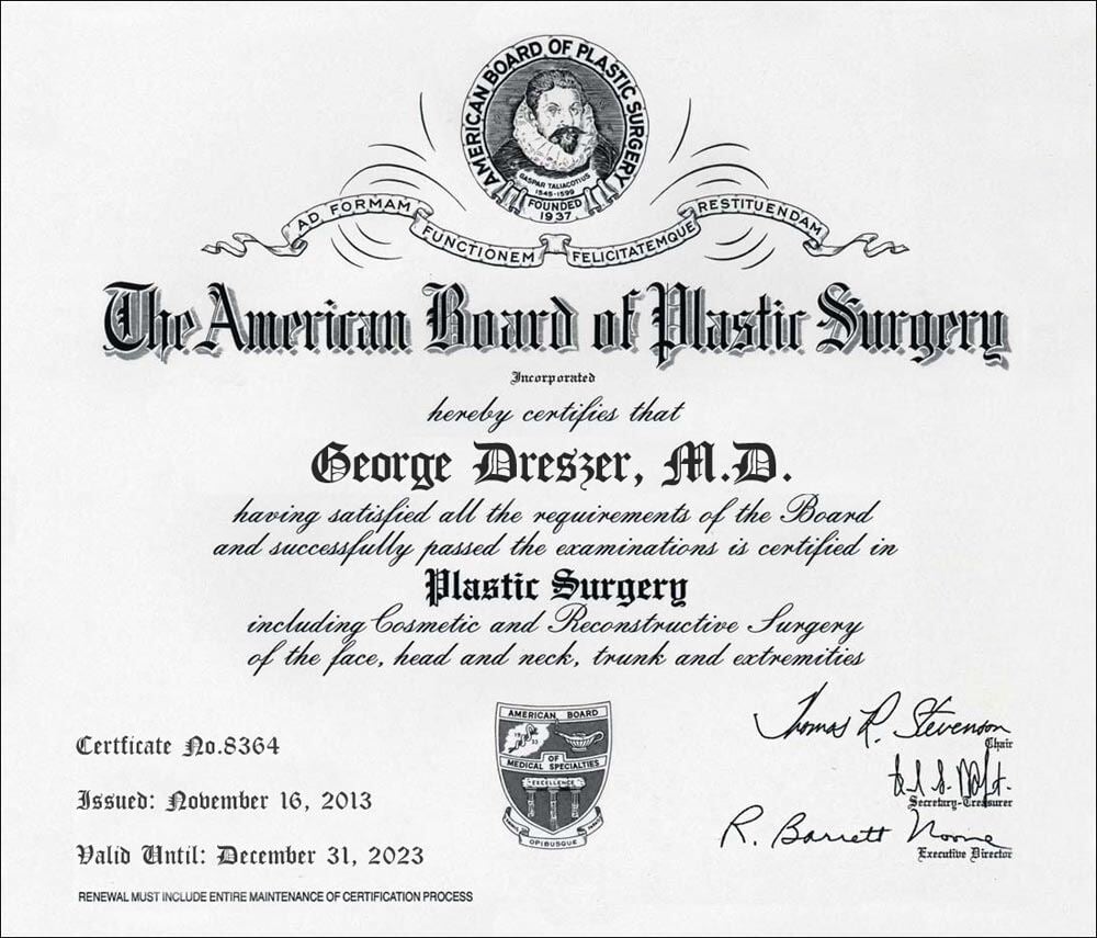 Dr. George Dreszer's diploma from the American Board of Plastic Surgery