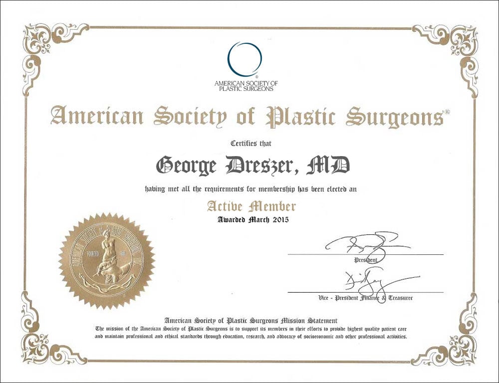 Florida plastic surgeon Dr. George Dreszer's ASPS diploma